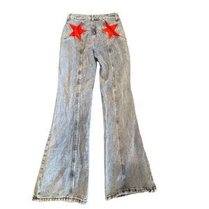 Women's Flare wide leg“Firecracker” red star patch Jeans 27 High Waist acid wash